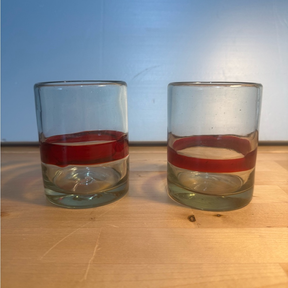 Hand Blown Whiskey LowBall Tumblers Glasses Clear with Red Glass Band Set of 2